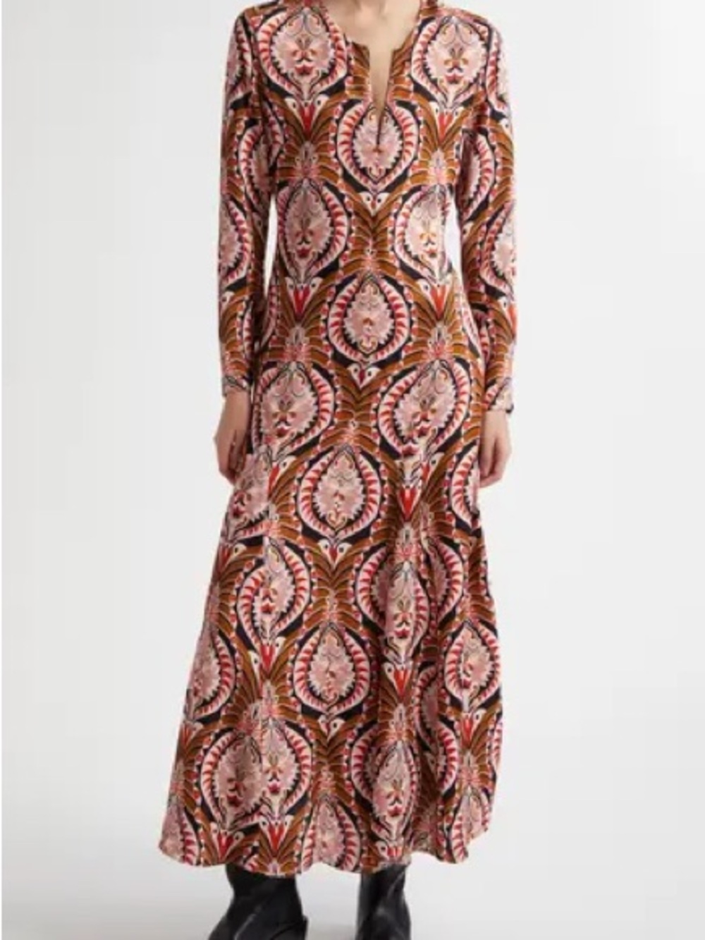 FARM RIO Pink & Brown Floral Medallion Pineapple Zip Front Maxi Dress Sz Small